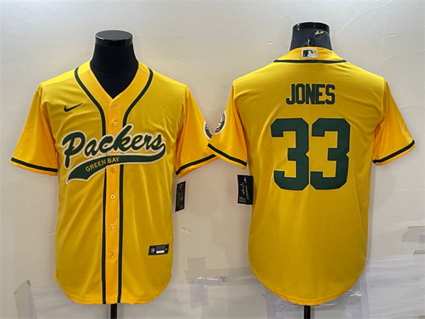 Men's Green Bay Packers #33 Aaron Jones Gold With Patch Cool Base Stitched Baseball Jersey - Click Image to Close